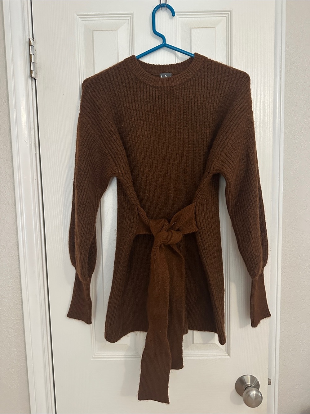 Worthington Brown Ribbed Crewneck Tie-Waist Sweater